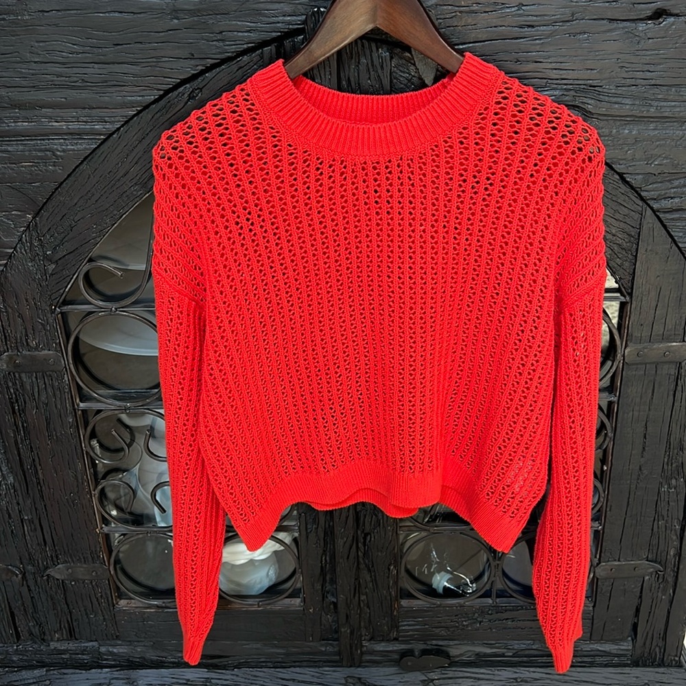 NWOT Crochet Knit Cropped Sweater Red Orange  Size Small Petite